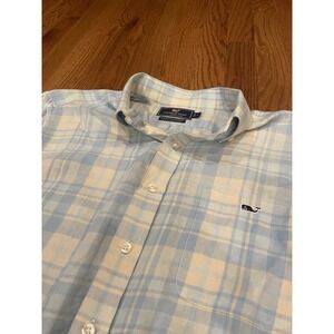 Vineyard Vines Men's Slim Fit Tucker Shirt Blue Plaid Linen Blend Preppy Large